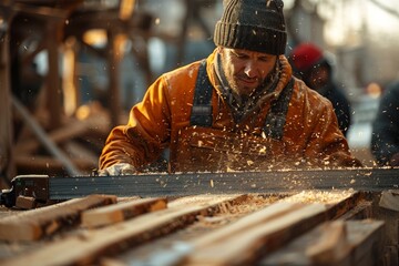 A craftsman meticulously works with wood, surrounded by flying sawdust at a busy workshop, evoking craftsmanship