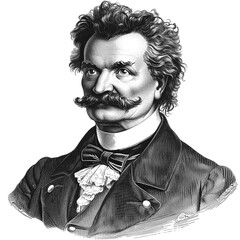 Black and white vintage engraving, close-up headshot portrait of Johann Baptist Strauss II, the famous historical Austrian composer of light music, white background, greyscale