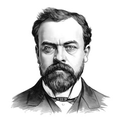 Black and white vintage engraving, close-up headshot portrait of Antonín Leopold Dvořák, the famous historical Czech classical music composer, white background, greyscale