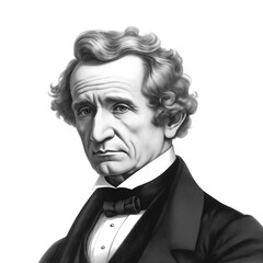 Black and white vintage engraving, close-up headshot portrait of Louis-Hector Berlioz, the famous historical French Romantic classical music composer and conductor, white background, greyscale