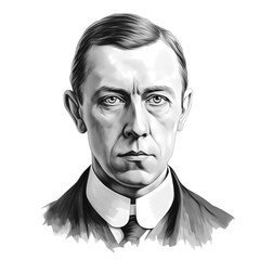 Black and white vintage engraving, close-up headshot portrait of Sergei Vasilyevich Rachmaninoff, the famous historical Russian classical composer, pianist, and conductor, white background, greyscale