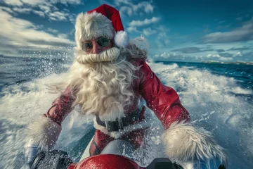 Foto op Plexiglas anti-reflex A man dressed as Santa Claus joyfully rides a jet ski, his white beard blown by the wind © Ilia Nesolenyi