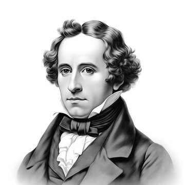 Black and white vintage engraving, close-up headshot portrait of Jakob Ludwig Felix Mendelssohn Bartholdy, the famous historical German romantic music composer and pianist, white background, greyscale