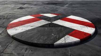 Blank mockup of a circular airport runway sign with red and white stripes and bold black lettering....