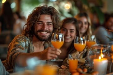 Handsome young man with long hair toasting with friends at a table with orange drinks