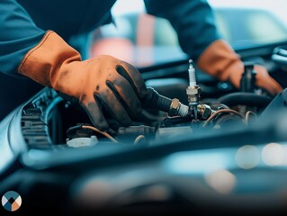 A mechanic is working on a car engine. The mechanic is wearing gloves and is focused on the task at hand. The car engine is black and shiny, and the mechanic is trying to fix a problem with it