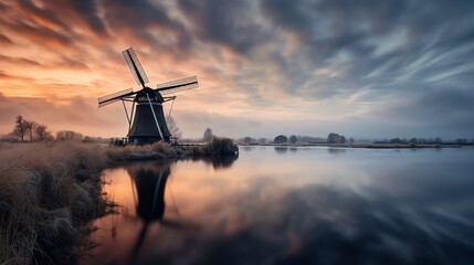 a windmill next to a body of water