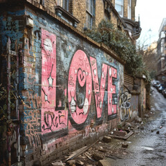 Old urban brick wall with pink graffiti street art word Love lettering.