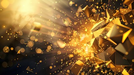 Abstract geometric background. Explosion Power Design with crushing surface, 3D triangles and golden light - obrazy, fototapety, plakaty