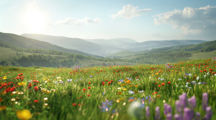  A peaceful countryside meadow filled with colorful wildflowers and surrounded by rolling hills under a clear sunny sky. 