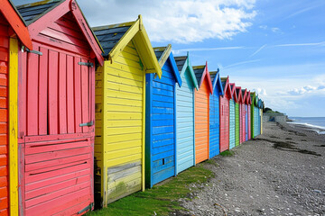 A row of vibrant beach huts lined up along the shoreline.