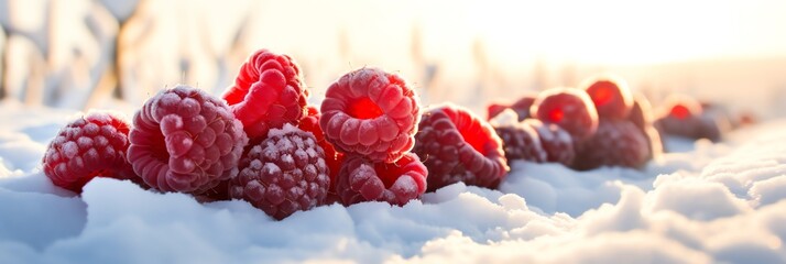 a group of raspberries in the snow