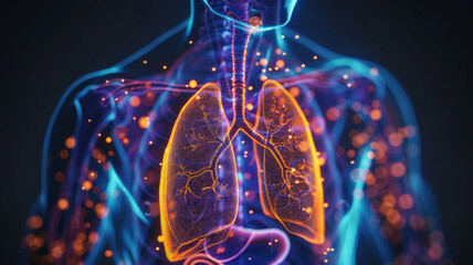 Vivid illustration of the human respiratory system with a highlighted and glowing effect. - obrazy, fototapety, plakaty