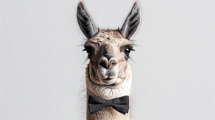 Fototapeta premium Funny Llama in Black Bow Tie on Gray Background Looking at Camera