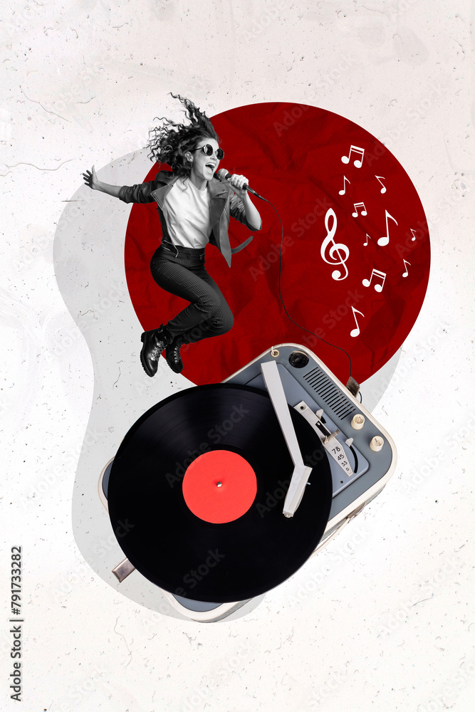 Sticker Vertical photo collage of cool young girl hold mic sing note music plate jump vintage disk recorder party isolated on painted background