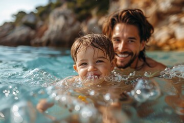 A man and a child smiling in sparkling water, enjoying swimming together