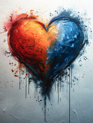 Red and blue grunge heart with paint drips isolated on white background.