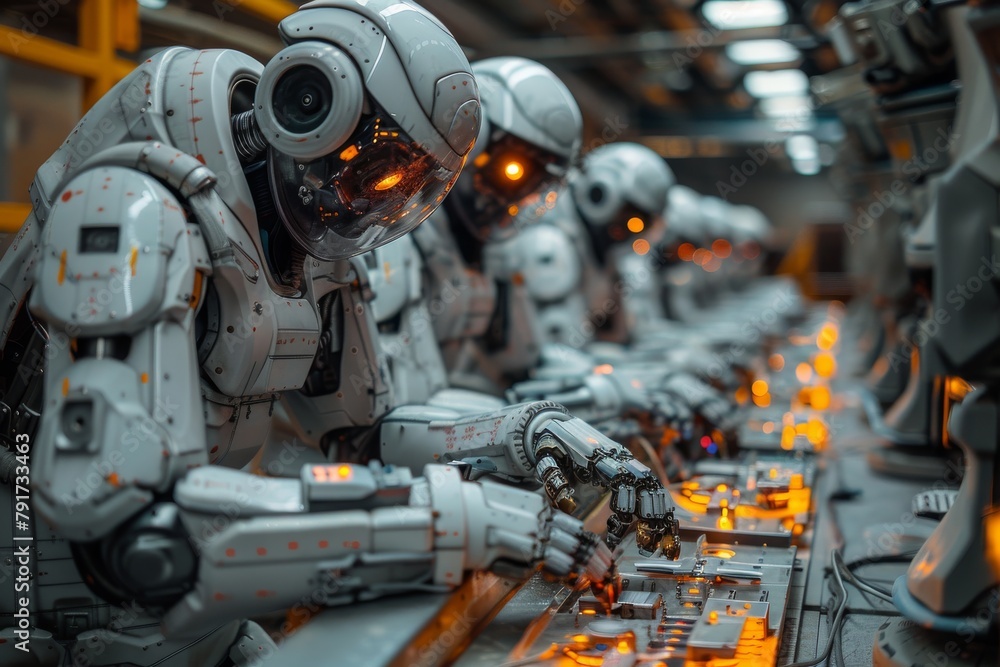 Poster image showcases a row of highly advanced robots equipped with intricate details and glowing elements