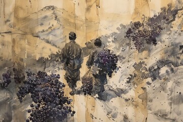 Joshua and Caleb Returning with Grapes from Canaan on Old Paper

