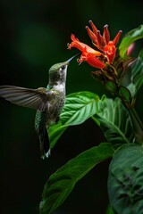 Obraz premium Beautiful hummingbird sipping nectar from flower with lush green foliage background