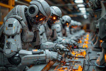 Image showcases a row of highly advanced robots equipped with intricate details and glowing elements in a modern facility