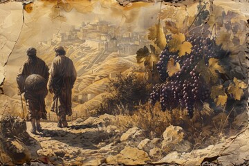 Joshua and Caleb Returning with Grapes from Canaan on Old Paper

 - obrazy, fototapety, plakaty