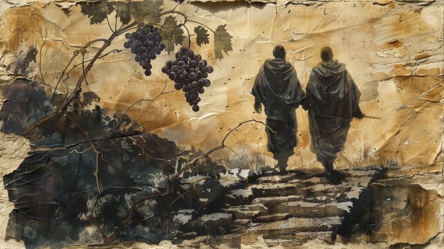 Joshua and Caleb Returning with Grapes from Canaan on Old Paper


