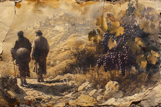 Joshua and Caleb Returning with Grapes from Canaan on Old Paper

