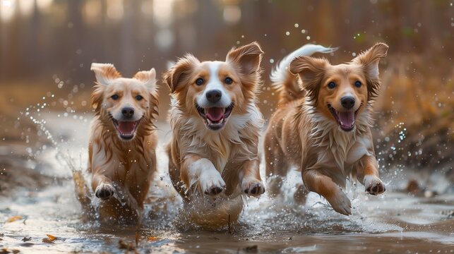 funny happy dogs running in water