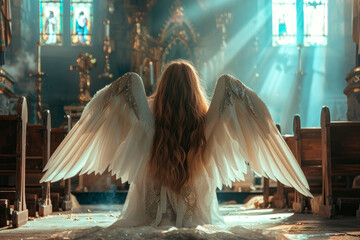 Fototapeta premium A back view of beautiful Angel with large white wings is on her knees in a church.