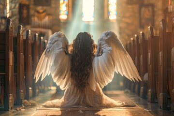 Fototapeta premium A rear view of beautiful Angel with large white wings is on her knees in a church.