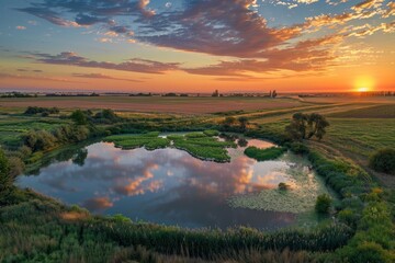 A vibrant sunset casting orange and pink hues over a small pond nestled in a grassy field