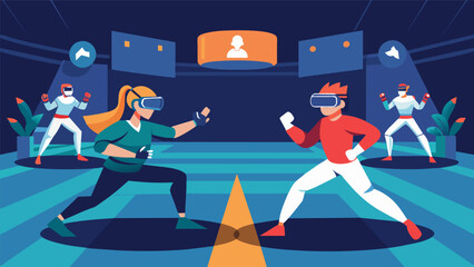 A virtual reality combat arena where martial arts students can test their skills against one another receiving realtime feedback from their