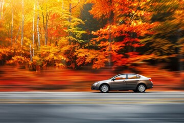 A car drives down a road in front of a lush forest, surrounded by autumn-colored trees