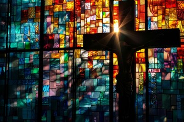 Silhouette of a Holy Cross against a colorful stained glass window