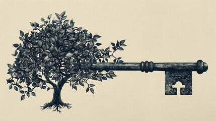Vintage Key with Tree Growth Art Illustration in Monochrome Black and White