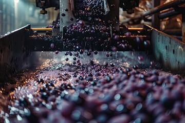 wine making factory with grapes being crushed