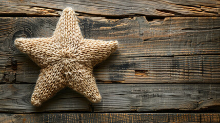 Beige Knitted Star on Distressed Wooden Background Texture