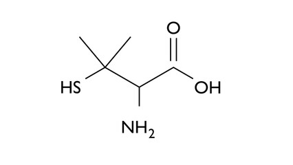 penicillamine molecule, structural chemical formula, ball-and-stick model, isolated image antidotes