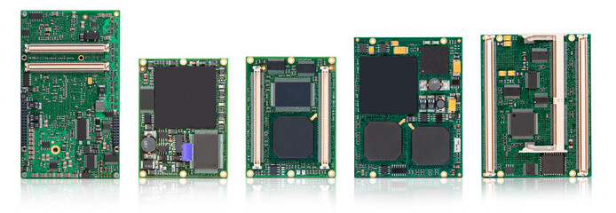 Collection of different types of embedded CPU modules with integrated chips and connectors,...