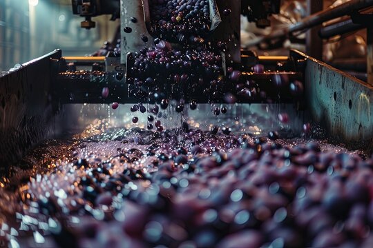 wine making factory with grapes being crushed