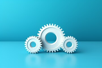 Three white gears on a Blue background, laid flat, copy space concept for business technology and development in the abstract vector with copy space for photo text or product, blank empty copyspace