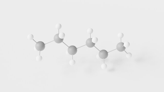 hexane molecule 3d, molecular structure, ball and stick model, structural chemical formula n-hexane
