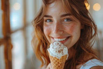 Close-up portrait of a beautiful young woman with freckles on her face, eating an ice cream cone and smiling at the camera - obrazy, fototapety, plakaty