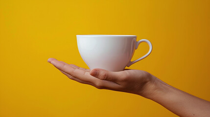 White Ceramic Coffee Cup Balanced on Hand Against Yellow Background