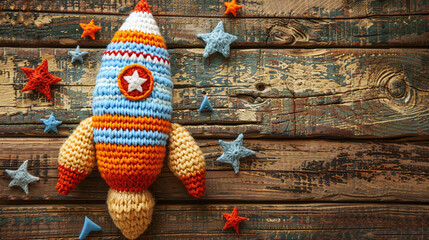 Handmade Colorful Crochet Rocket and Stars on Rustic Wooden Background