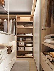 Modern walk-in closet with built-in LED lighting, a neutral color palette of light wood and white shelves for neatly arranged , a high ceiling to enhance the spacious feel, a minimalist design