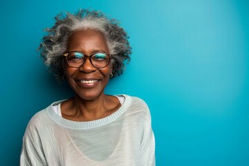 Portrait of a happy senior woman looking at camera smiling while standing against blue background