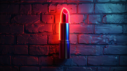 Glowing Red Lipstick on Neon Blue Red Brick Wall Background