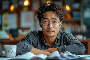 Fototapeta premium A contemplative male wearing eyeglasses, arms crossed, sitting at a café with a cup and book on the table